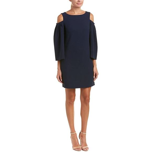 Trina Turk Mini Dress Dark Blue Small Cold Shoulders Long Sleeves Shift Evening - Picture 2 of 8